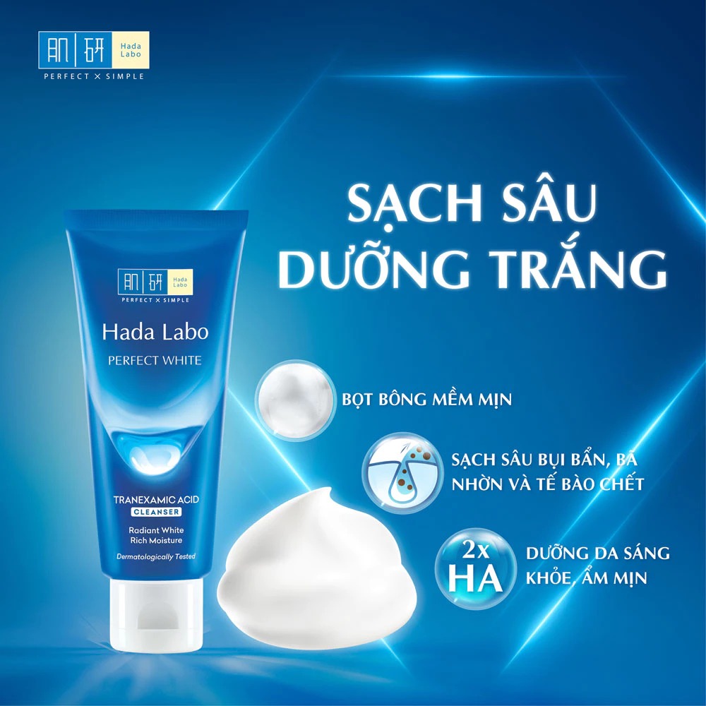 Kem Rửa Mặt Hada Labo Sạch Sâu, Dưỡng Sáng Da Perfect White Tranexamic Acid Cleanser 80g
