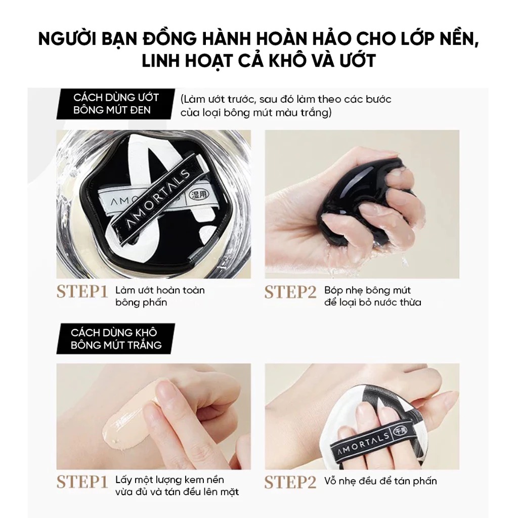 Set 2 Bông Mút Trang Điểm AMORTALS Căng Bóng, Che Phủ Tốt Double A Powder Puff Set (2 Bông Mút+ 1 Hộp Đựng)