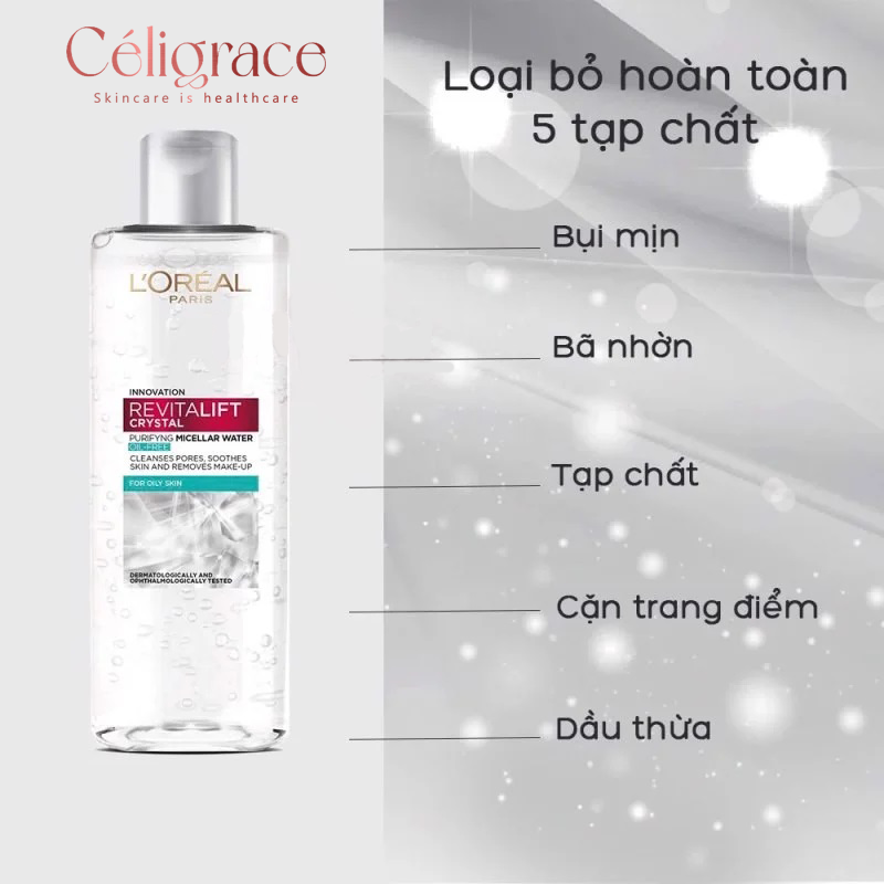 Nước Tẩy Trang L'OREAL Làm Sạch Sâu Cho Da Dầu Revitalift Crystal Purifying Micellar Water (Nắp Xám)
