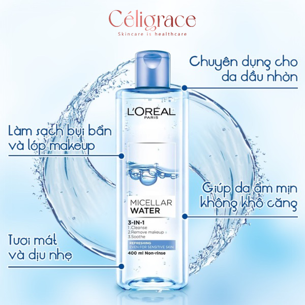 Nước Tẩy Trang L'OREAL Tươi Mát Cho Da Dầu, Hỗn Hợp Micellar Water 3-in-1 Refreshing Even For Sensitive Skin (Nắp Xanh Nhạt)