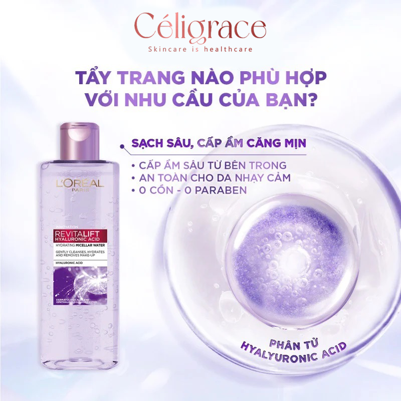 Nước Tẩy Trang L'OREAL Làm Sạch, Cấp Ẩm Revitalift Hyaluronic Acid Hydrating Micellar Water (Nắp Tím)