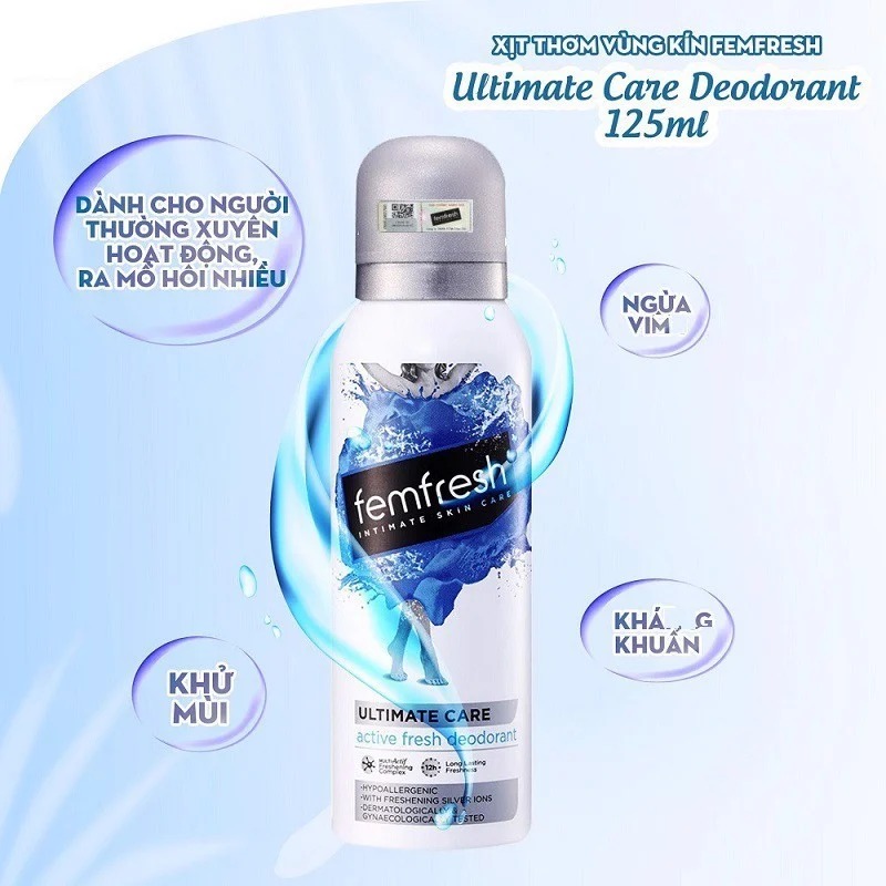 Xịt Thơm Mát Vùng Kín Femfresh Khử Mùi, Lưu Hương 12H Ultimate Care Active Deodorant Spray 125ml
