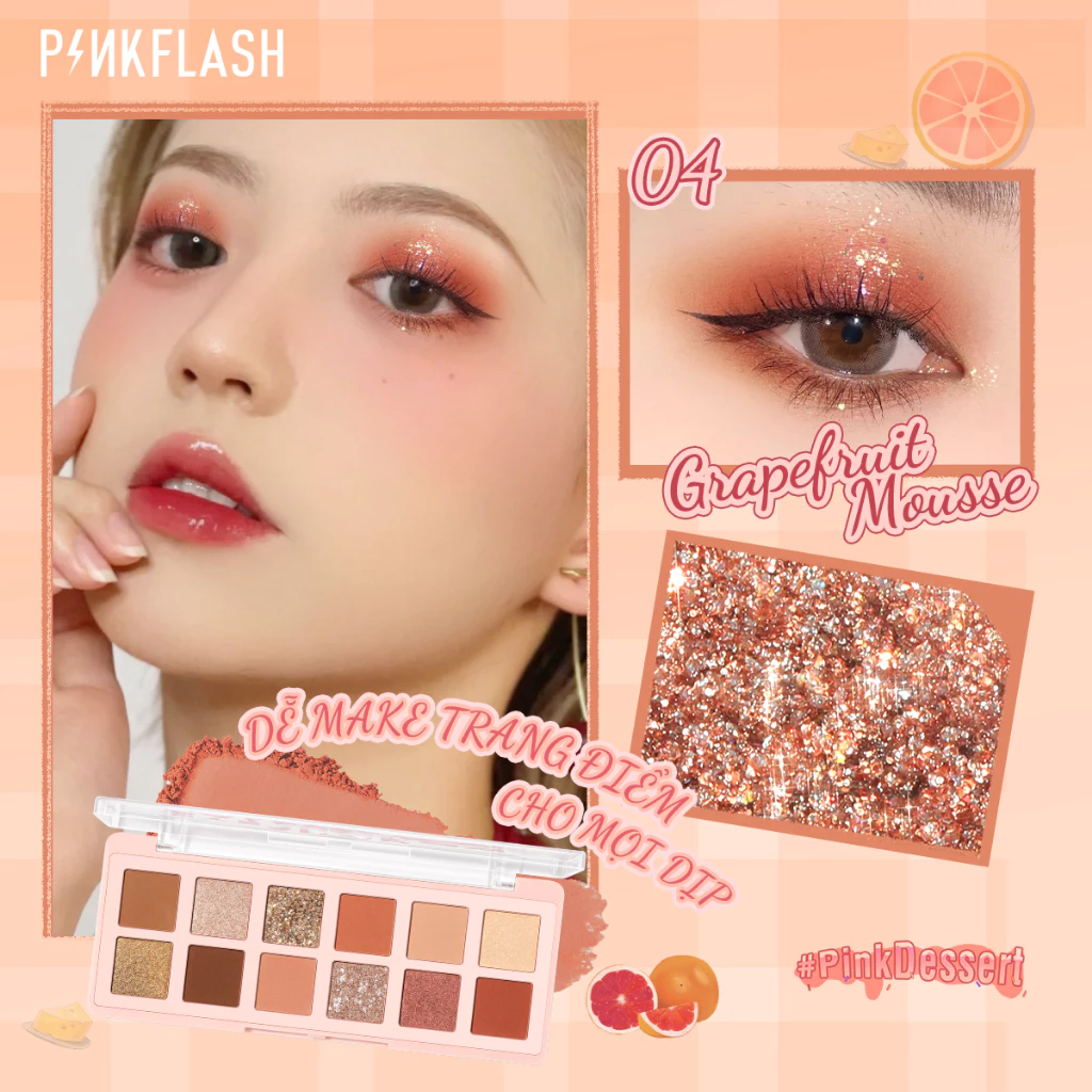 Phấn Mắt PINKFLASH 12 Ô Lâu Trôi Có Nhũ Ánh Kim Pink Dessert Pro Touch Eyeshadow Palette PF-E15