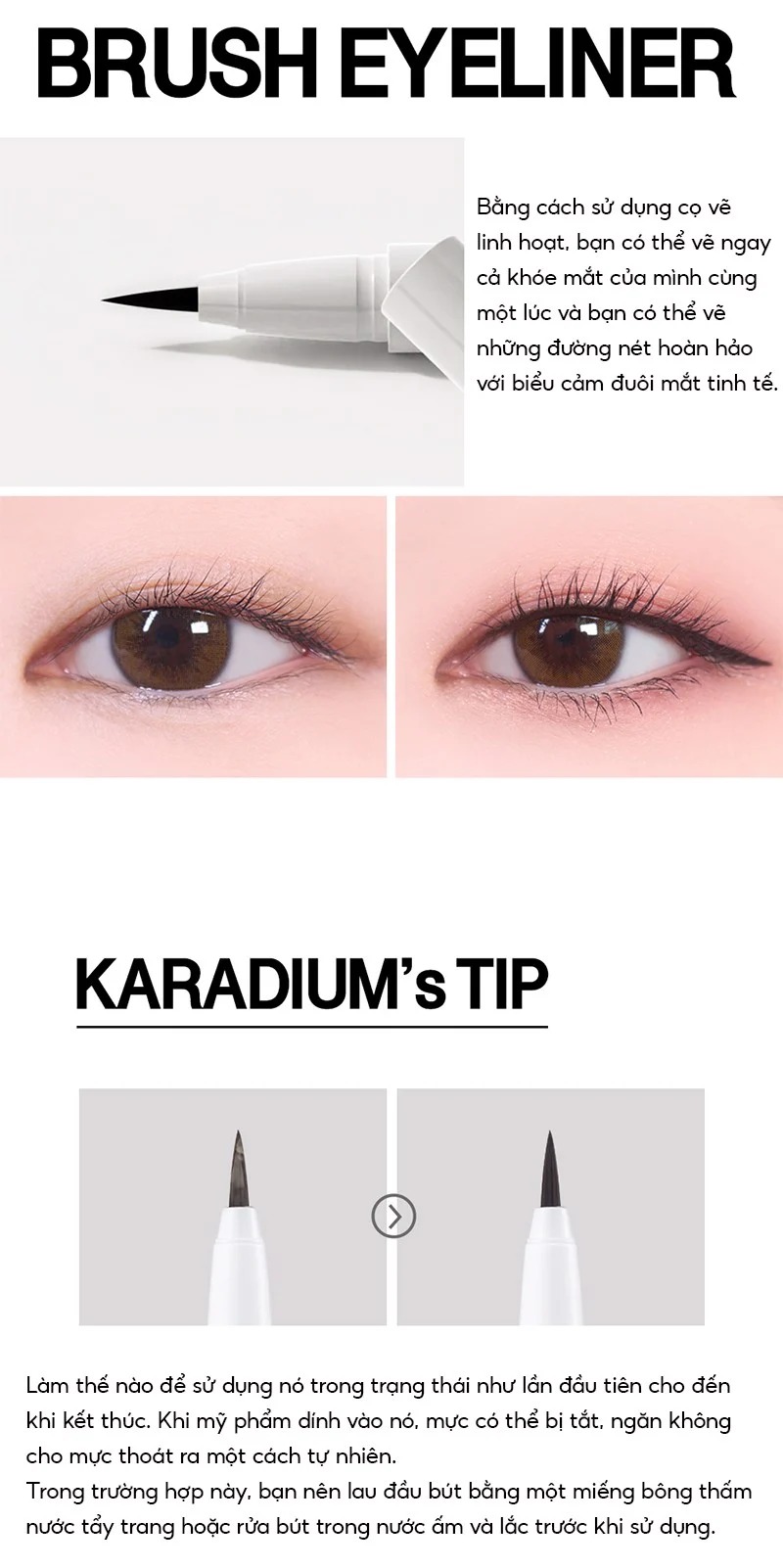 Bút Kẻ Mắt Nước Karadium Chống Trôi, Sắc Nét  Waterproof Brush Liner - Black 0.55g