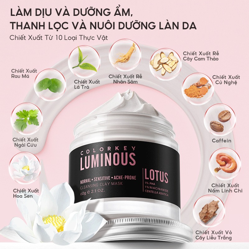 Mặt Nạ Colorkey Đất Sét Bùn Khoáng, Hoa Sen Sạch Mịn Màng Luminous Cleansing Clay Mask 60g