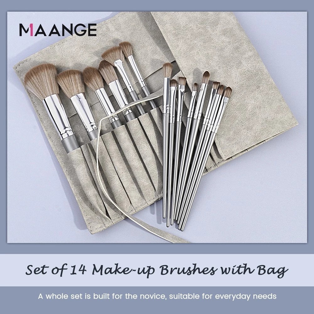 MAANGE - Bộ 14 Cọ Trang Điểm Kèm Bao Da 1414 (Màu Bạc)