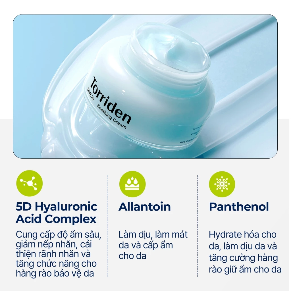 Kem Dưỡng Làm Dịu, Dưỡng Ẩm, Căng Mịn Da Torriden Dive-In Low Molecular Hyaluronic Acid Soothing Cream 100ml