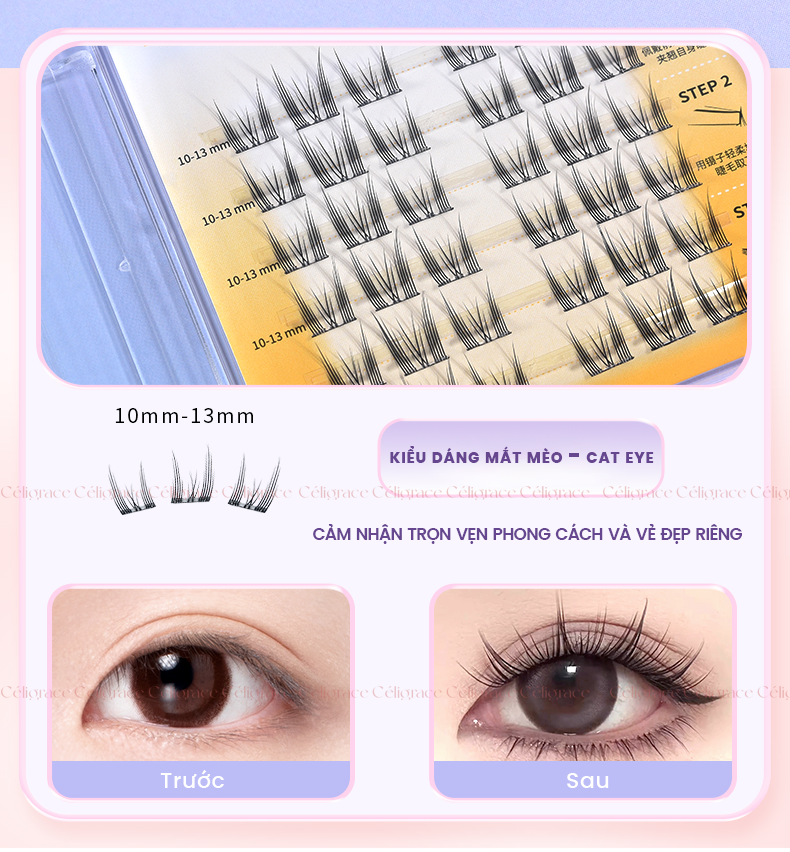 H-9076 - Mi Giả Từng Cụm HEY Tự Dính Không Dùng Keo, Phong Cách Mắt Mèo