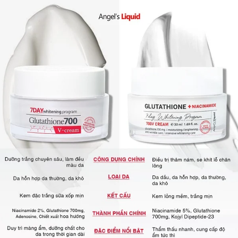 Kem Dưỡng Angel's Liquid Làm Sáng Da, Mờ Thâm 7 Day Whitening Program Glutathione 700 V-Cream 50ml