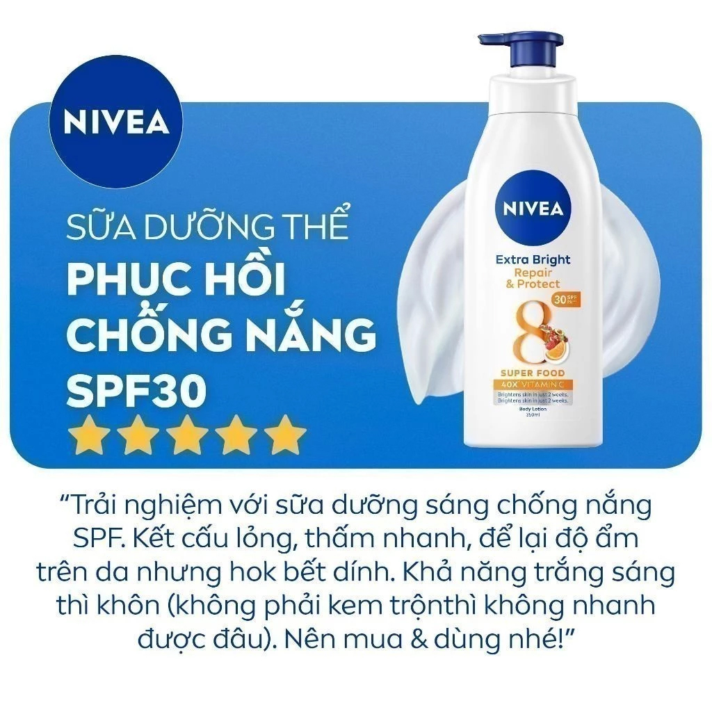 Sữa Dưỡng Thể Hỗ Trợ Dưỡng Sáng, Giúp Da Đàn Hồi, Căng Mịn Nivea Extra Bright Body Lotion