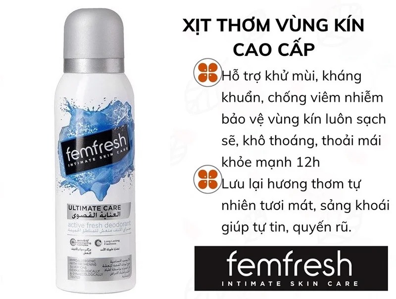 Xịt Thơm Mát Vùng Kín Femfresh Khử Mùi, Lưu Hương 12H Ultimate Care Active Deodorant Spray 125ml