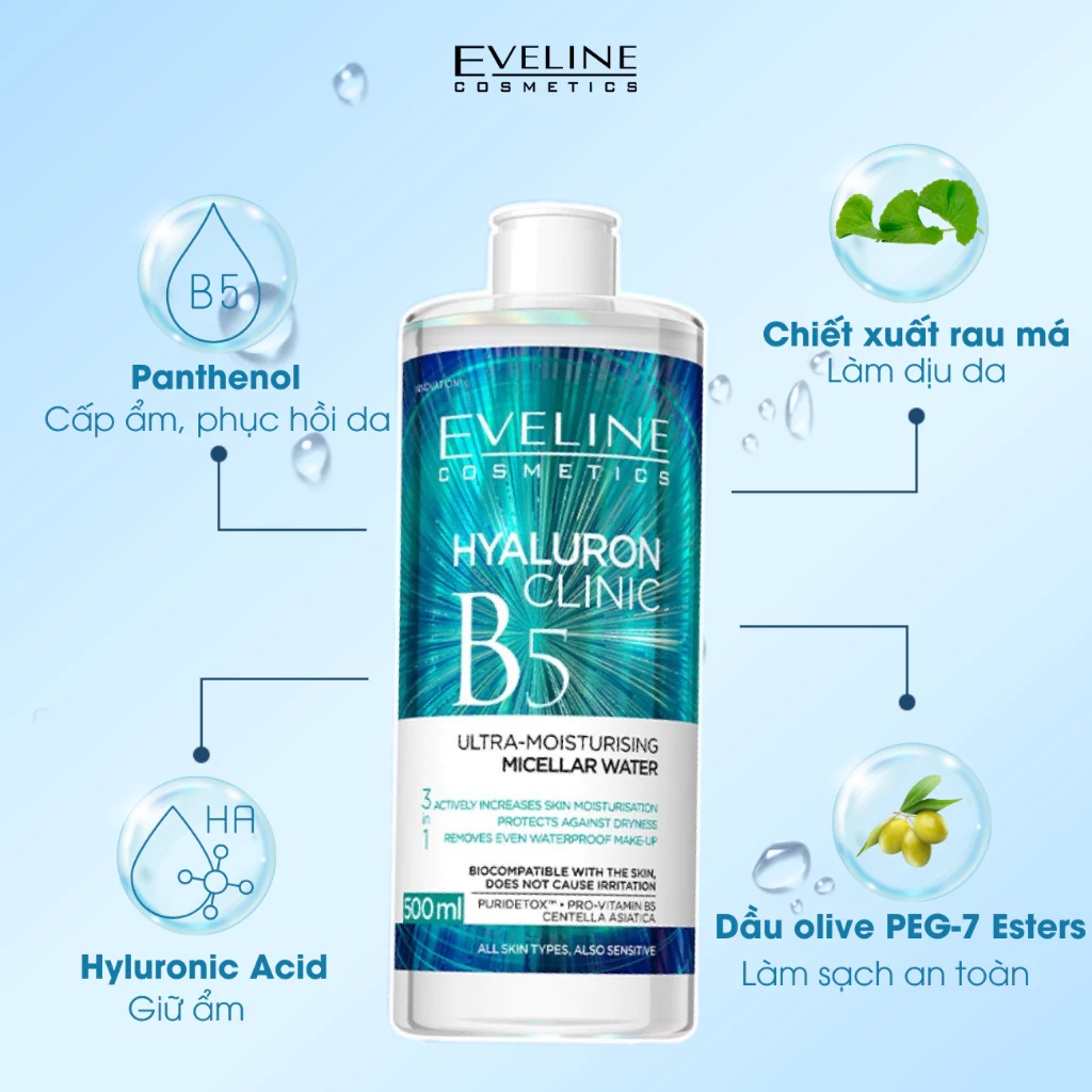 Nước Tẩy Trang Eveline Cấp Ẩm Hyaluron Clinic B5 Ultra-Moisturising Micellar Water 500ml