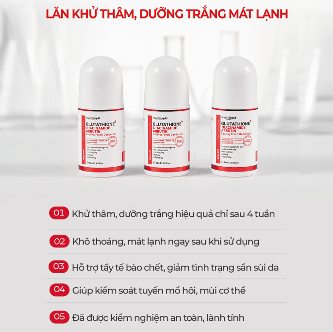 Lăn Khử Mùi Angel's Liquid Mờ Thâm, Dưỡng Trắng Da Glutathione+ Niacinamide Arbutin Cooling Fresh Deodorant 60ml (Mẫu Mới)