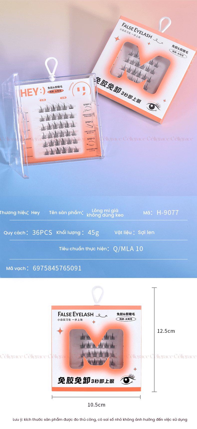 H-9077 - Mi Giả Từng Cụm HEY Tự Dính Không Dùng Keo, Phong Cách Hoa Hướng Dương (Cam)