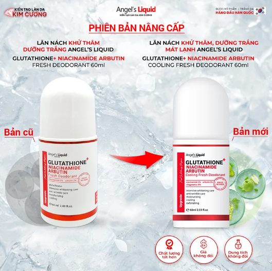 Lăn Khử Mùi Angel's Liquid Mờ Thâm, Dưỡng Trắng Da Glutathione+ Niacinamide Arbutin Cooling Fresh Deodorant 60ml (Mẫu Mới)