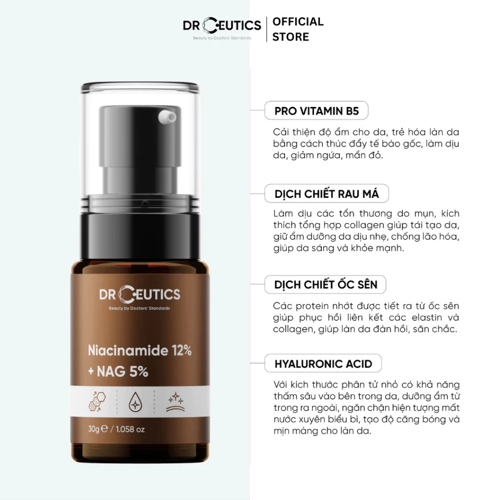 Serum DrCeutics Hỗ Trợ Dưỡng Sáng, Giảm Thâm Mụn, Kiềm Dầu Niacinamide 12%+ NAG 5% 30g