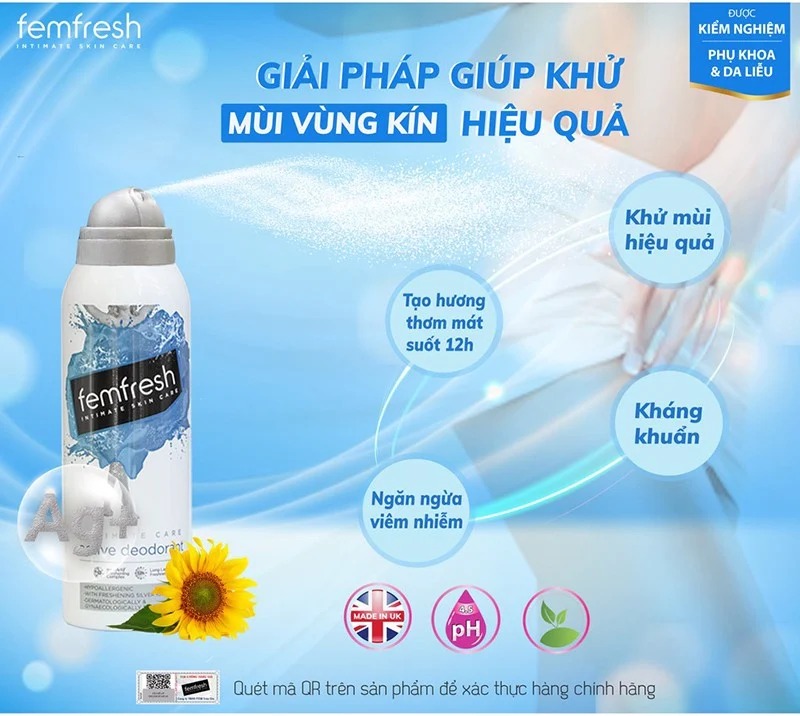 Xịt Thơm Mát Vùng Kín Femfresh Khử Mùi, Lưu Hương 12H Ultimate Care Active Deodorant Spray 125ml