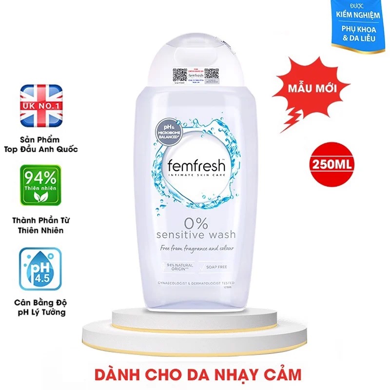 Dung Dịch Vệ Sinh Phụ Nữ Femfresh Cao Cấp Da Nhạy Cảm 0% Sensitive Intimate Wash 250ml (Xám)