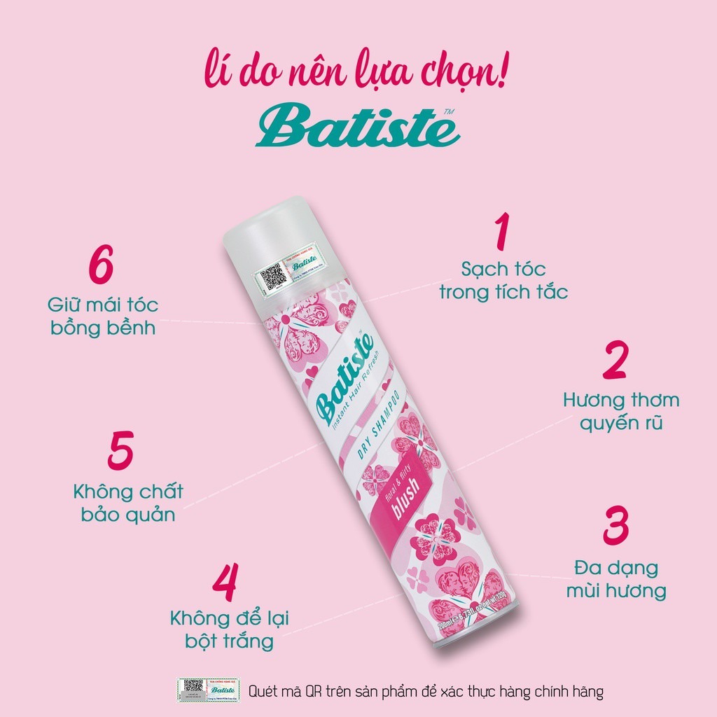 Dầu Gội Khô Batiste Giúp Làm Sạch, Tóc Bồng Bềnh Dry Shampoo 200ml