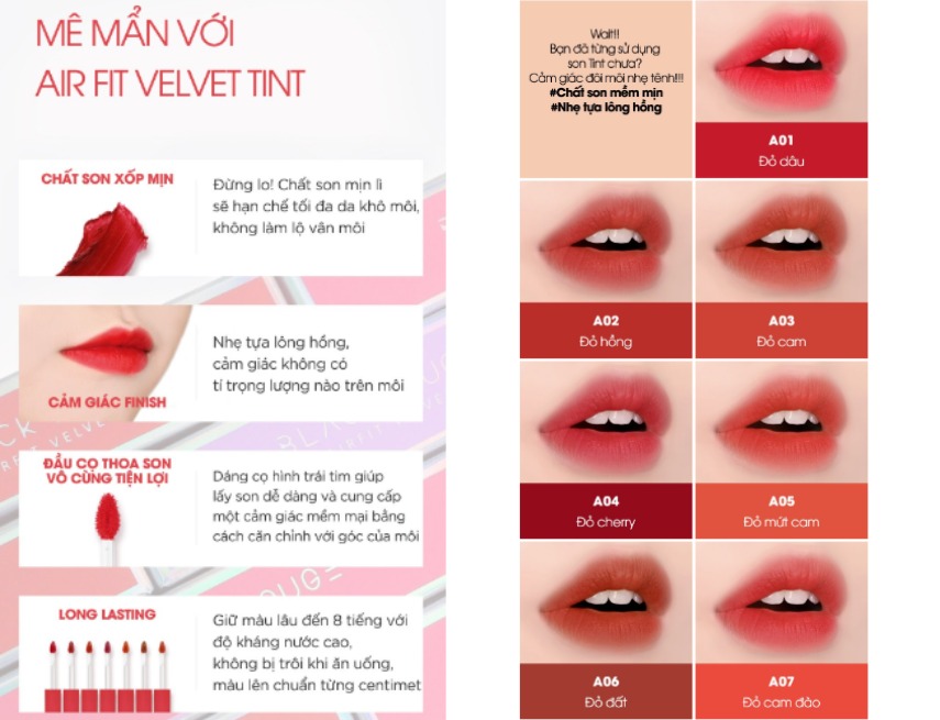 [MÀU A01 - MÀU A07] Son Kem Lì BLACK ROUGE Airfit Velvet Tint (Version 1) 4.5g