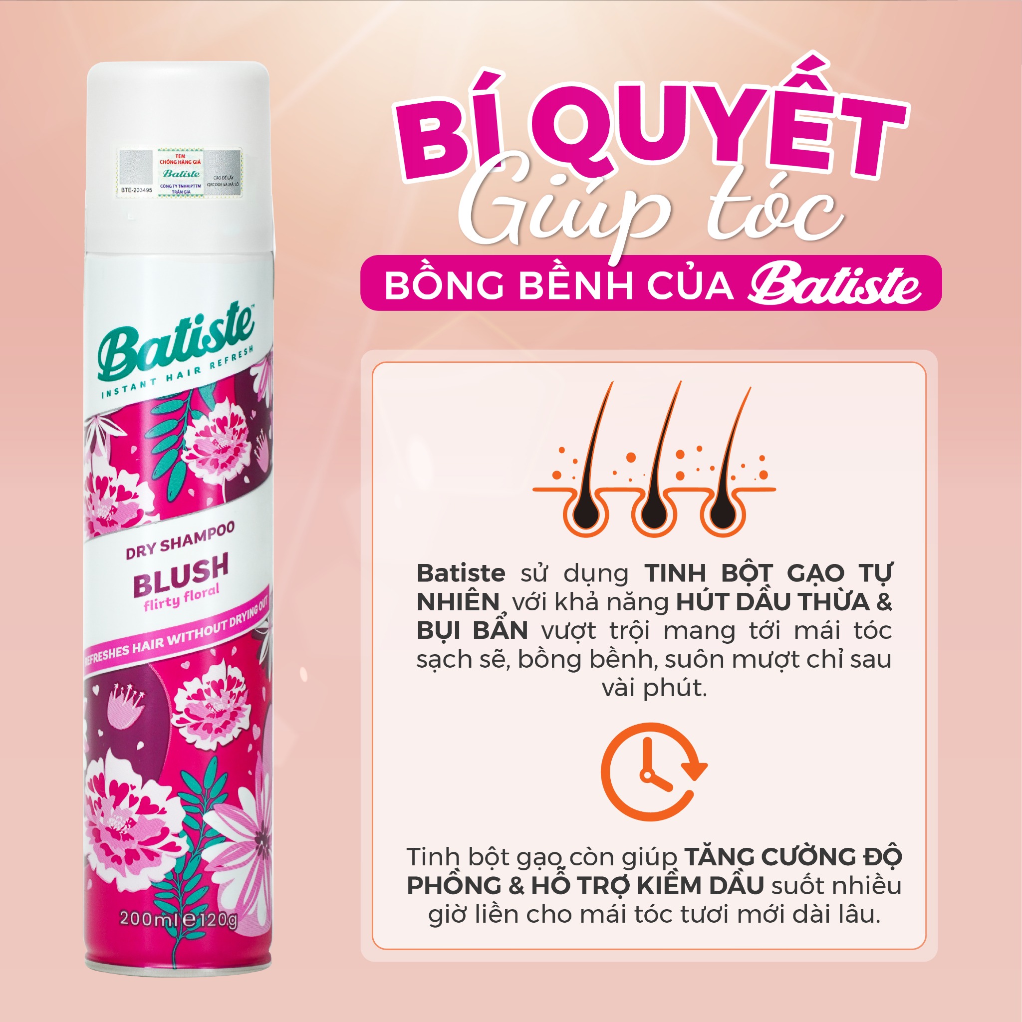 Dầu Gội Khô Batiste Giúp Làm Sạch, Tóc Bồng Bềnh Dry Shampoo 200ml