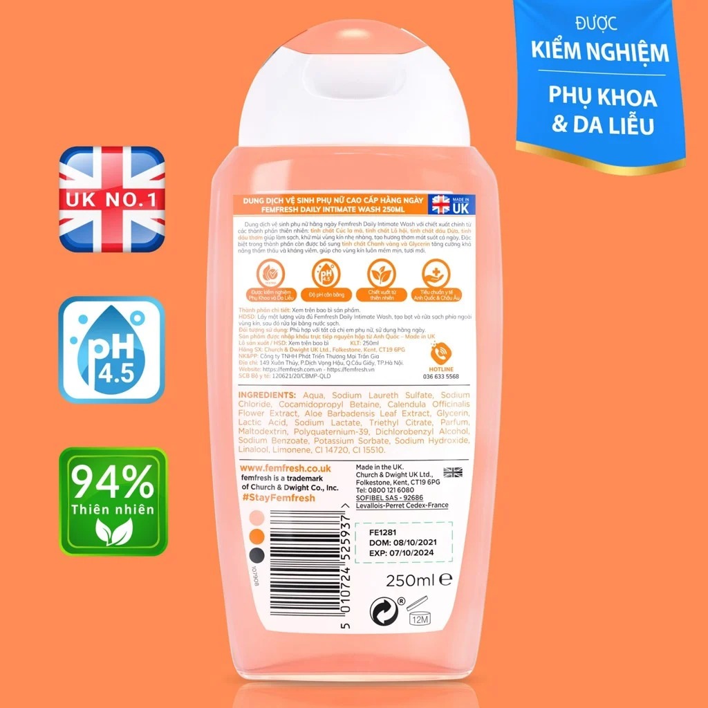 Dung Dịch Vệ Sinh Phụ Nữ Femfresh Cao Cấp Hằng Ngày Daily Intimate Wash (Cam)