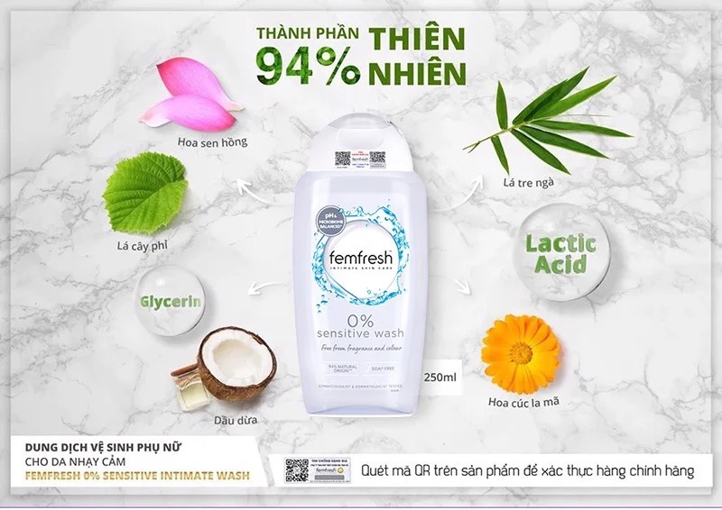 Dung Dịch Vệ Sinh Phụ Nữ Femfresh Cao Cấp Da Nhạy Cảm 0% Sensitive Intimate Wash 250ml (Xám)