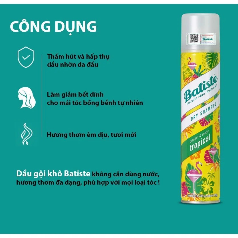 Dầu Gội Khô Batiste Giúp Làm Sạch, Tóc Bồng Bềnh Dry Shampoo 200ml