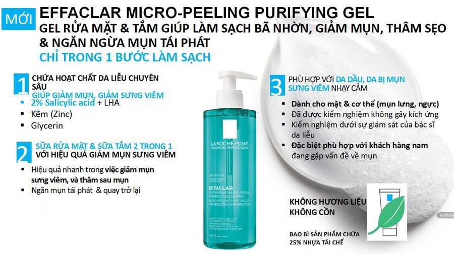 Gel Rửa Mặt & Tắm La Roche-Posay Làm Sạch & Giảm Mụn Effaclar Micro-Peeling Purifying Gel