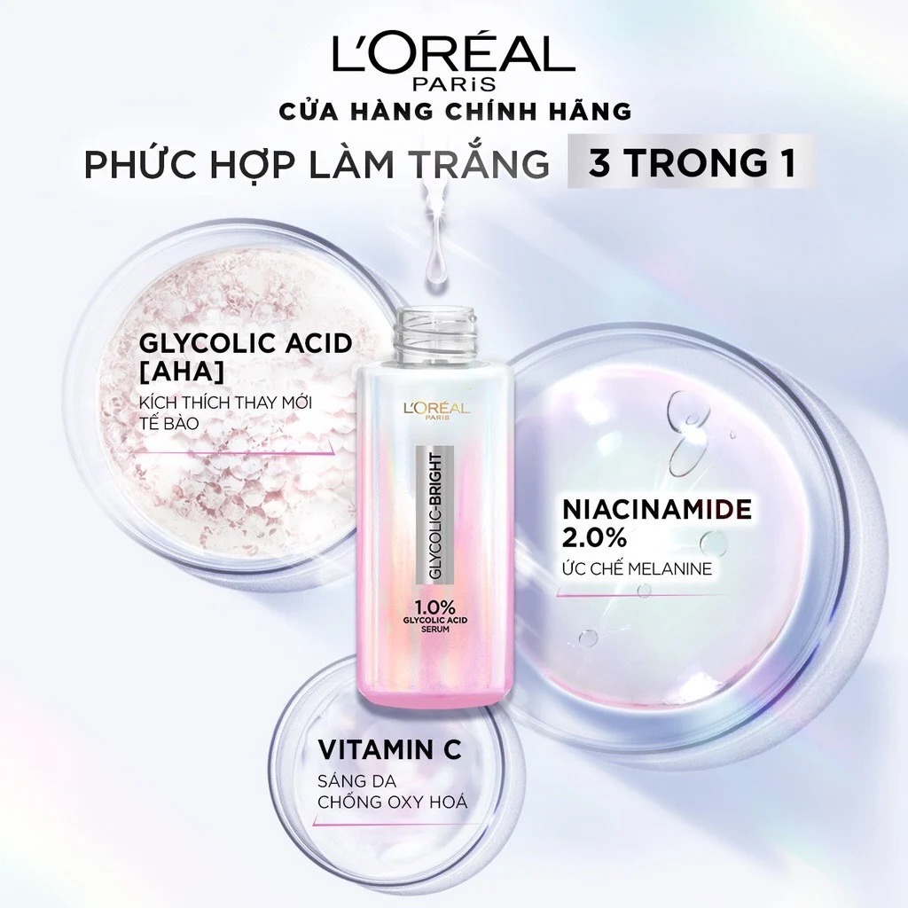 Serum L'OREAL Dưỡng Sáng Và Mờ Thâm Nám Glycolic-Bright Instant Glowing Serum 1.0% Glycolic Acid 30ml