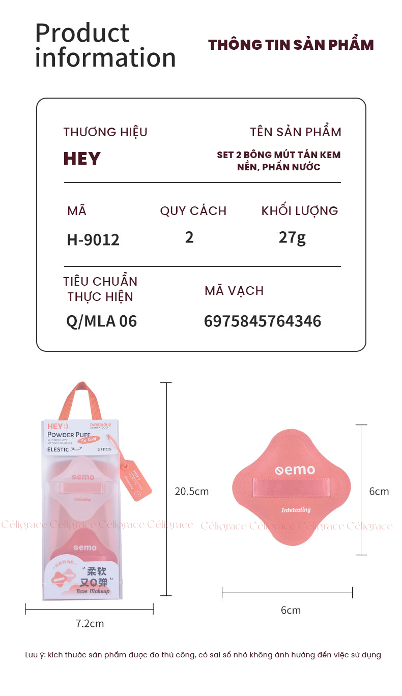 H-9012 - Set 2 Bông Mút Khô Và Ướt Dày HEY Bo Tròn 4 Góc Powder Puff 19g