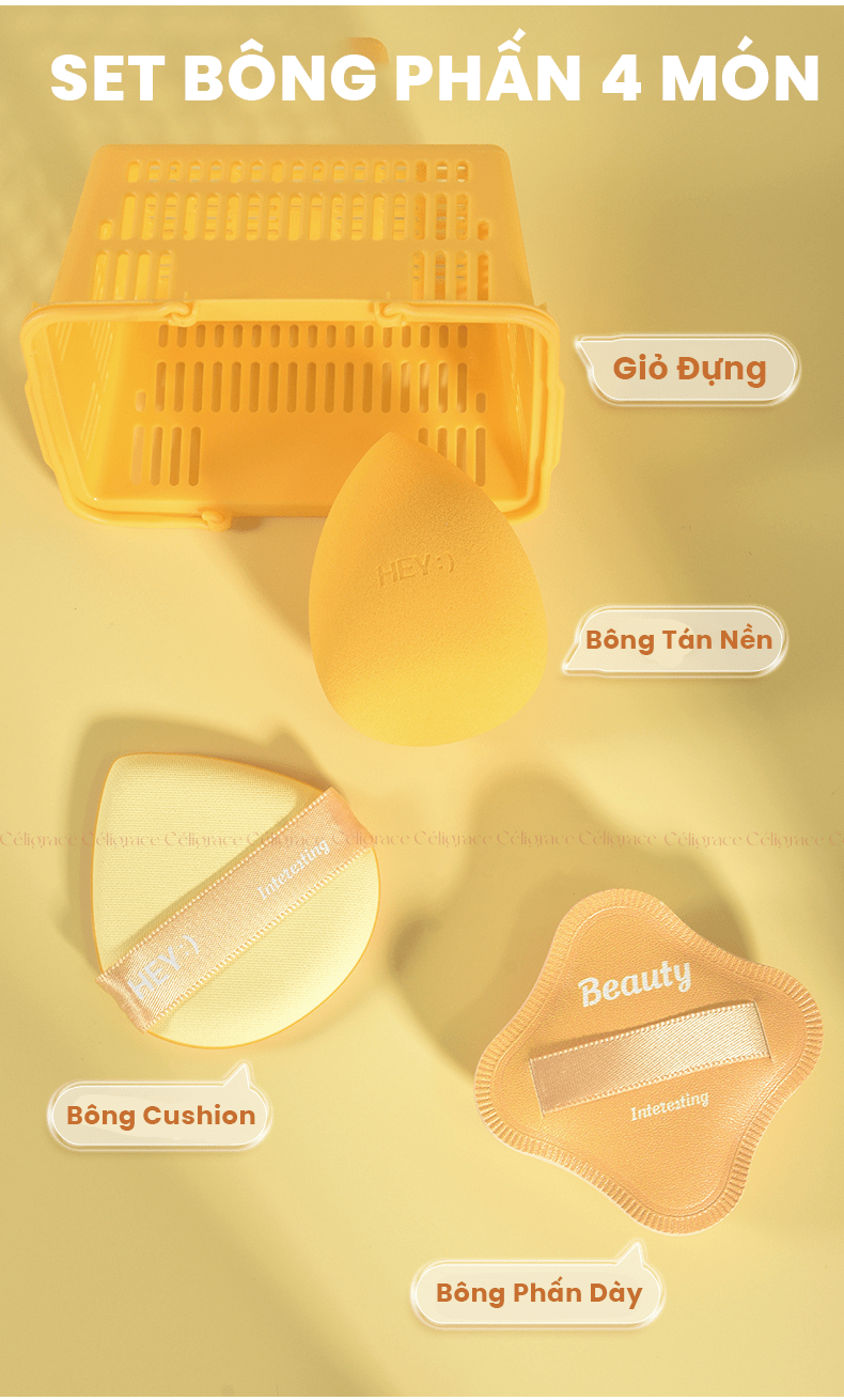H-9034 - Hộp Set 3 Bông Phấn Khô Và Ướt HEY Kèm Giỏ Đựng Xinh Xắn