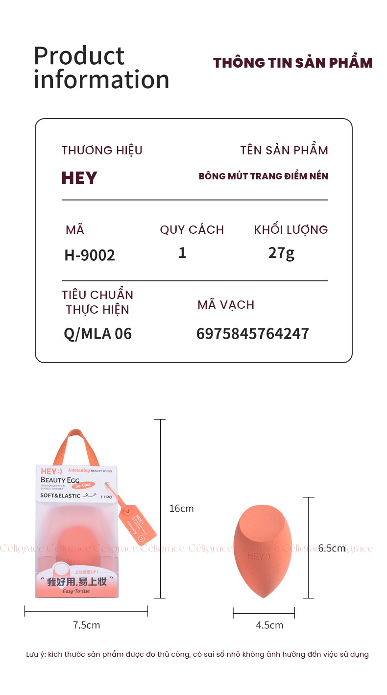 [HEY-KMHDP] H-9002 - Bông Mút Trang Điểm Nền HEY Beauty Egg Hình Giọt Nước Vạt Xéo 27g