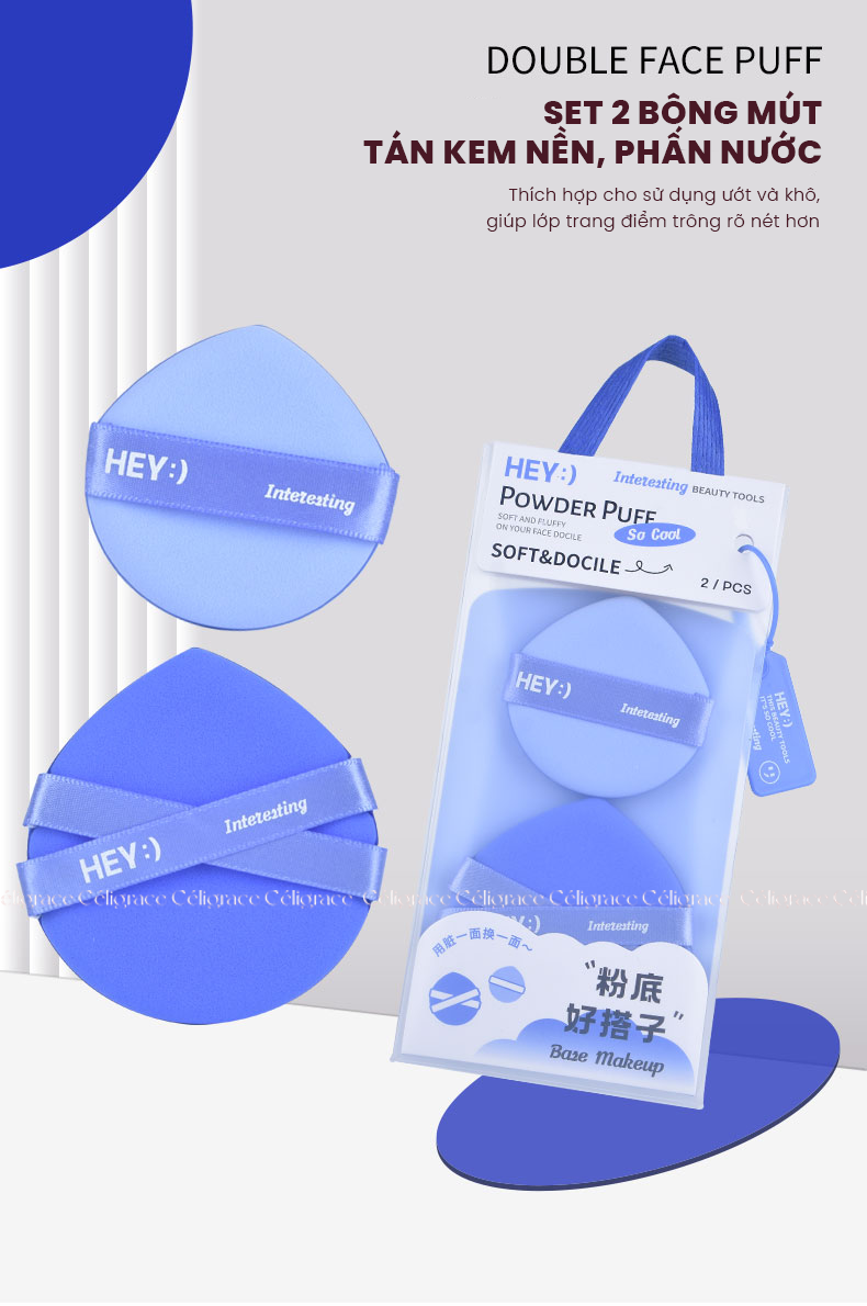 H-9008 - Set 2 Bông Mút Tán Kem Nền, Phấn Nước HEY Powder Puff 21g