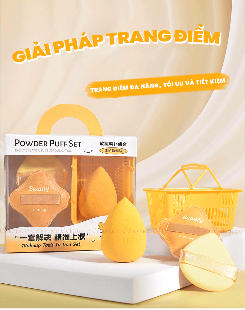 H-9034 - Hộp Set 3 Bông Phấn Khô Và Ướt HEY Kèm Giỏ Đựng Xinh Xắn