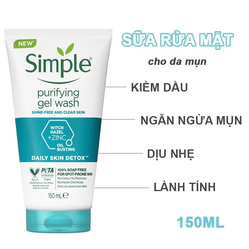 Gel Rửa Mặt Simple Thanh Khiết, Giảm Bóng Nhờn Purifying Gel Wash 150ml (Xanh Dương)