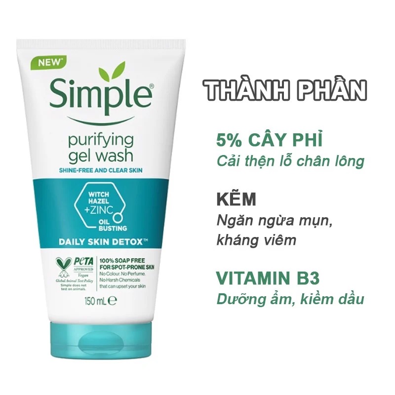 Gel Rửa Mặt Simple Thanh Khiết, Giảm Bóng Nhờn Purifying Gel Wash 150ml (Xanh Dương)