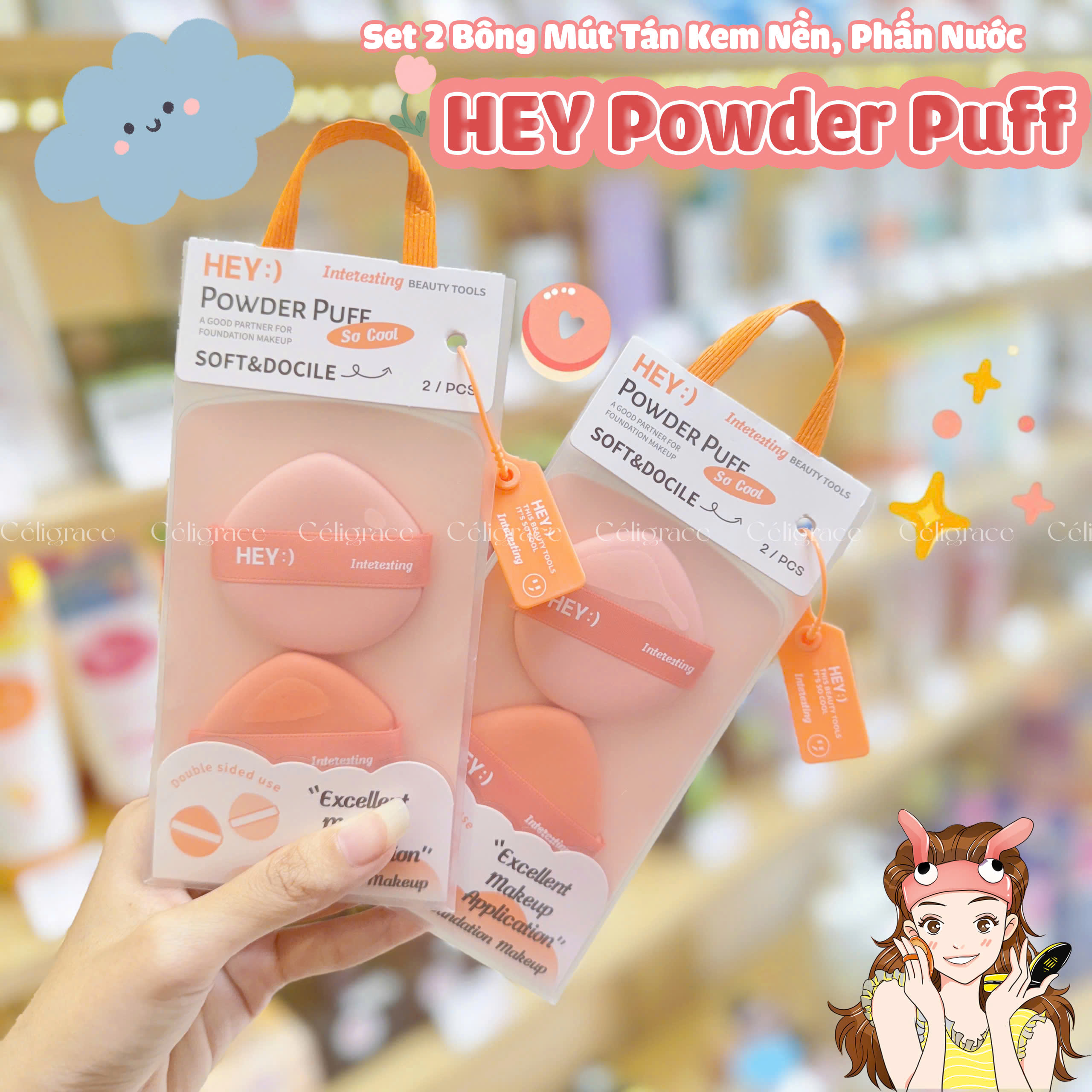 H-9013 - Set 2 Bông Mút Tán Kem Nền, Phấn Nước HEY Powder Puff 21g