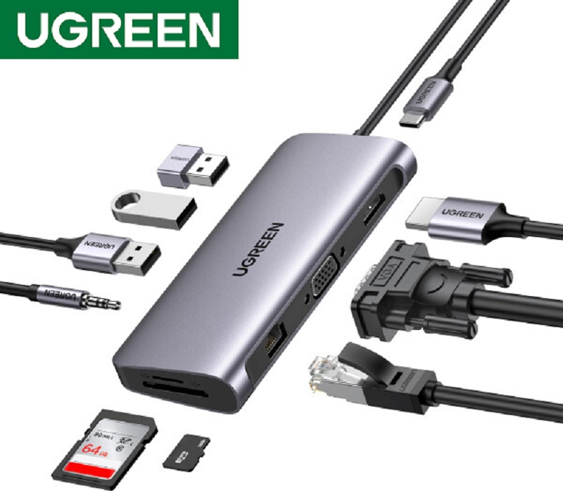 UGREEN 15601 USB-C to  3xUSB-A 3.0 + HDMI + VGA+ RJ45(LAN) + SD/TF +3.5mm+PD 4K30Hz