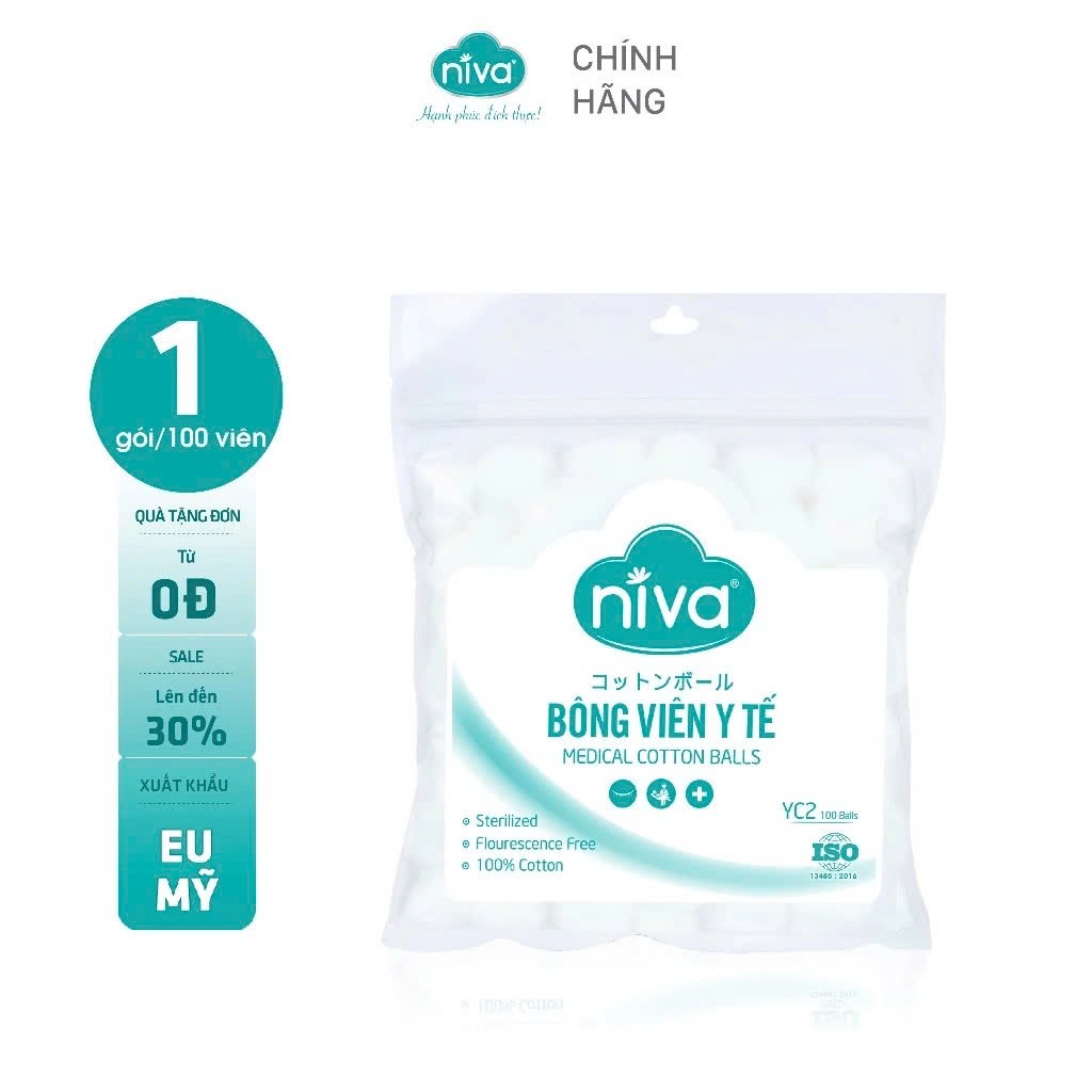 Gói 100 Bông Gòn Viên Tròn Y Tế Niva YC2 Đường Kính 16mm Nhét Tai Cho Mẹ, Phụ Nữ Sau Sinh An Toàn Tiệt Trùng