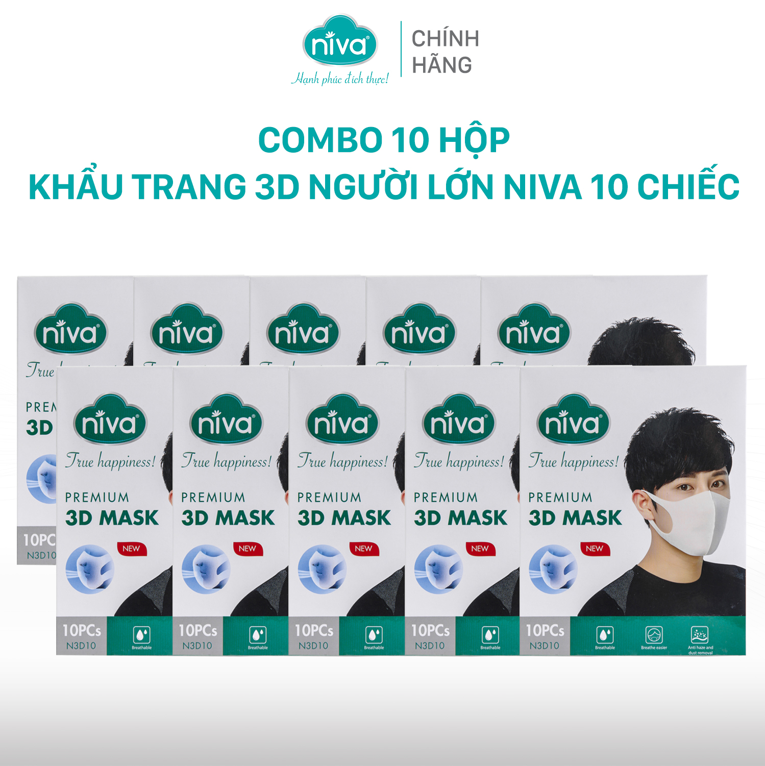 Combo 10 Hộp Khẩu Trang Niva 3D Người Lớn Hộp 10 Cái Cấu Trúc 3 Lớp Ngăn Bụi Mịn Kháng Khuẩn Hàng Chính Hãng Cao Cấp