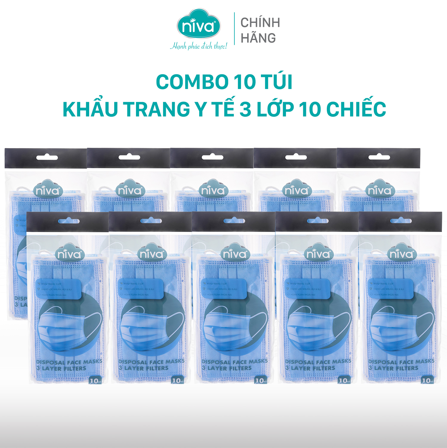 Combo 10 Khẩu Trang Y Tế 3 Lớp Niva Gói 10 Cái Kháng Khuẩn, Ngăn Khói Bụi, Vi Khuẩn Hàng Chính Hãng