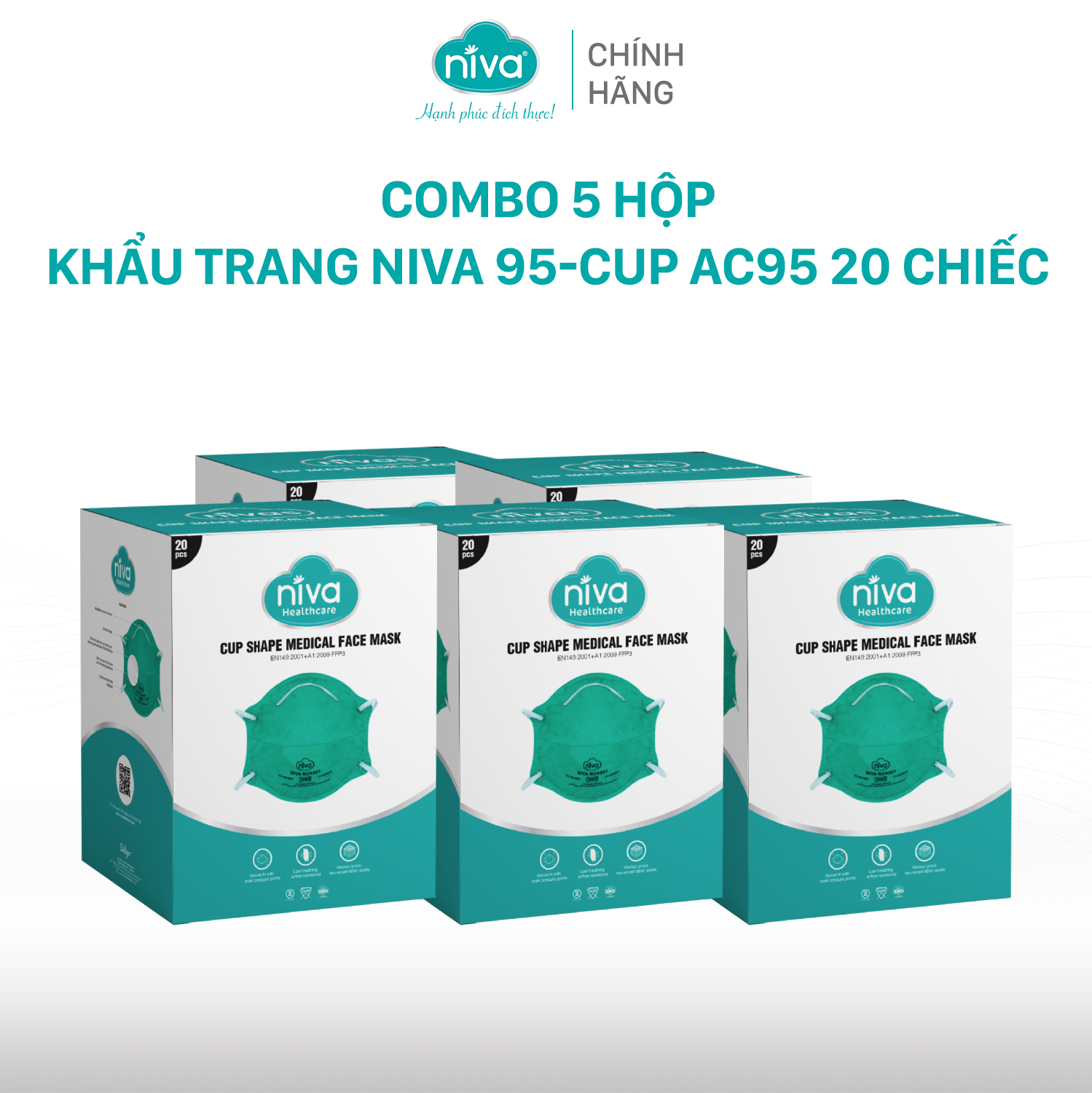 Combo 5 Khẩu Trang Niva N95 - Cup AC95 - 20pcs Ngăn Ngừa Vi Khuẩn, Virus Đạt Chuẩn FDA Hoa Kỳ, Hàng Chính Hãng Cao Cấp
