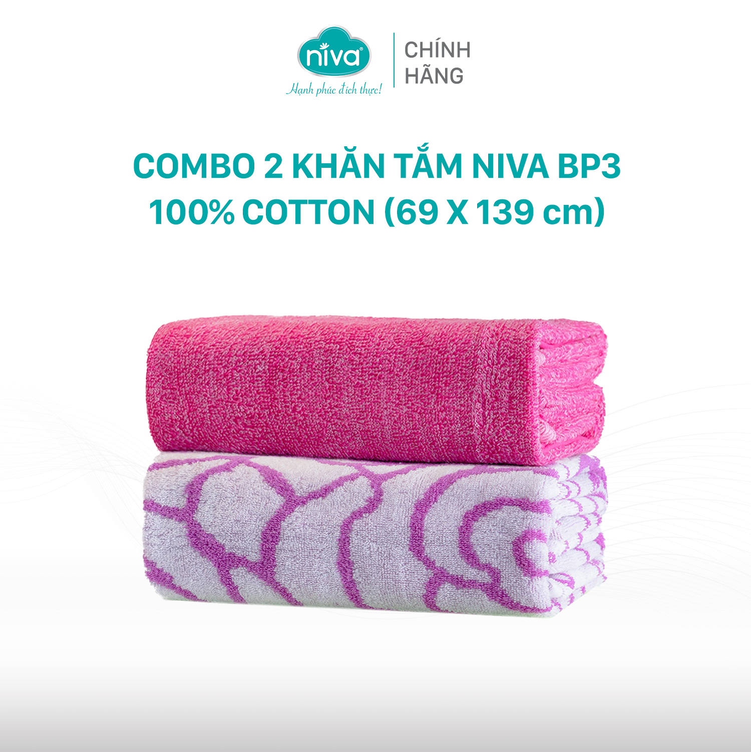 Combo 2 Khăn Tắm Cotton Tự Nhiên 100% NIVA Bp3 Mềm Mịn Thấm Hút Tốt, An Toàn Cho Da, Hoa Văn Kích Thước 690x1390 mm