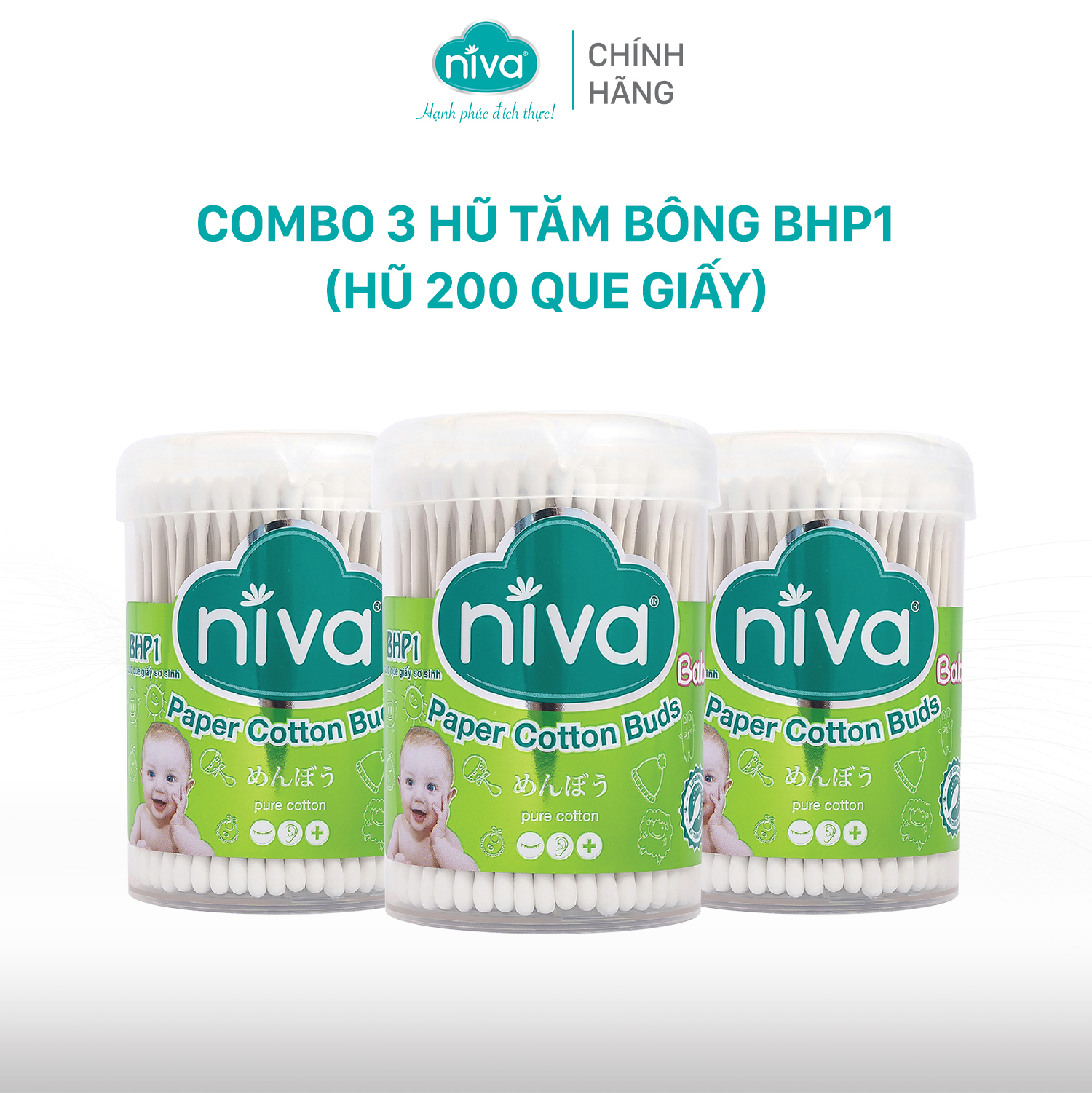 Combo 3 Tăm Bông Niva Cho Trẻ Sơ Sinh Hũ 200 Que Thân Giấy BHP1 Bông Tự Nhiên Kháng Khuẩn An Toàn