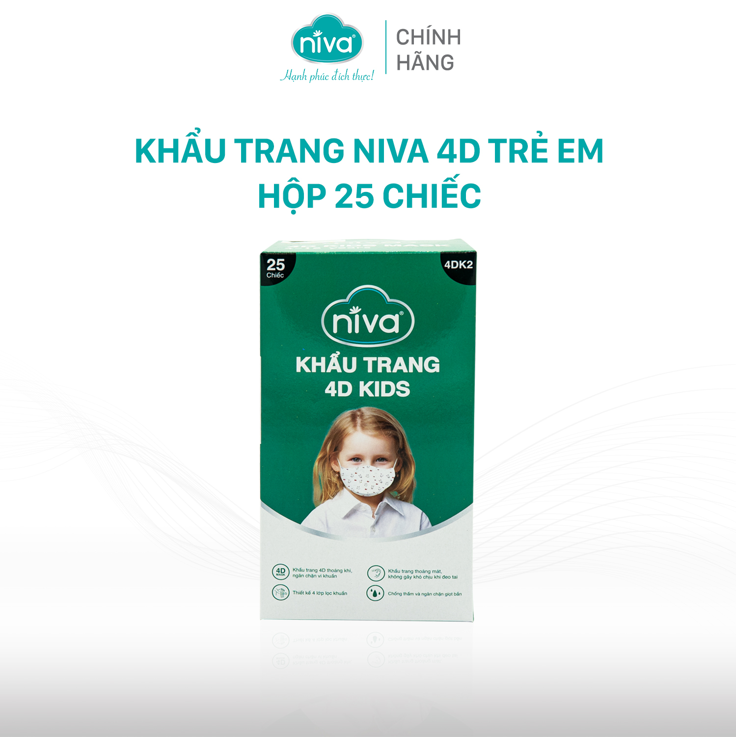 Khẩu Trang Niva 4D Mask KF94 Trẻ Em 25 Chiếc Ngăn Bụi Mịn, Kháng Khuẩn, Không Kích Ứng Da, Hàng Chính Hãng