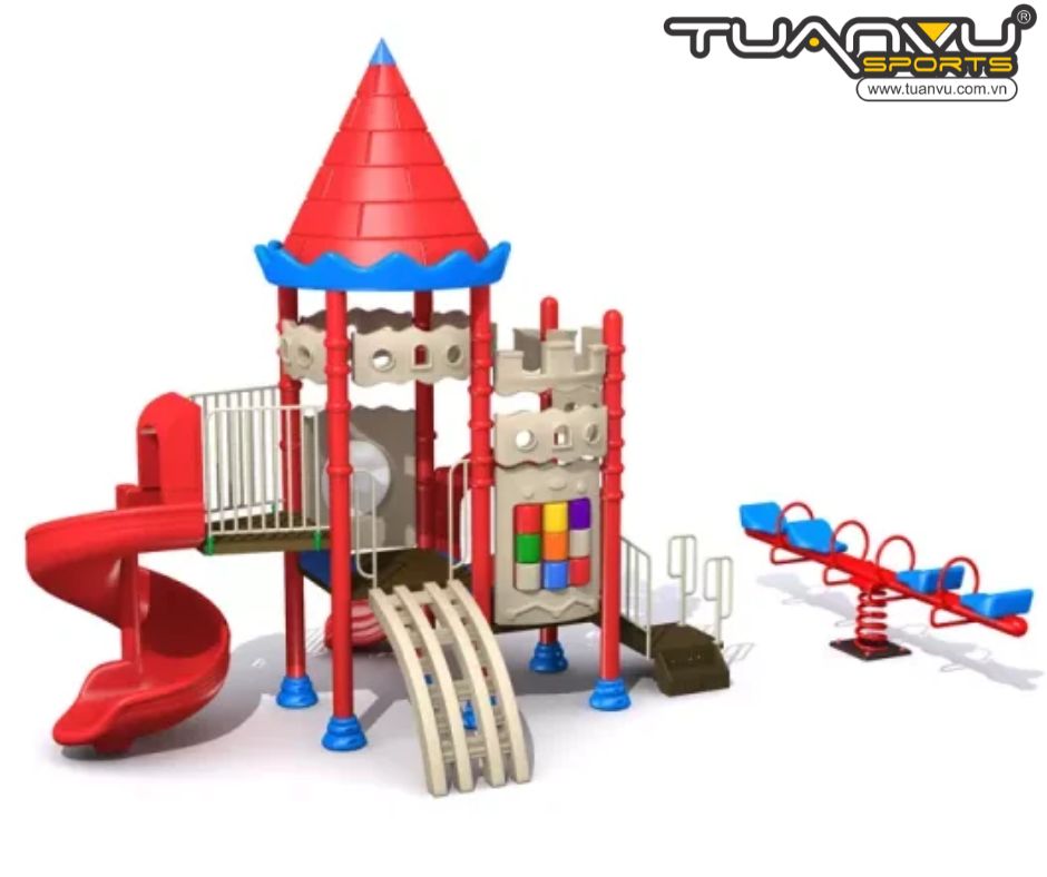 Sân chơi ngoài trời lâu đài đỏ mini 2 tầng