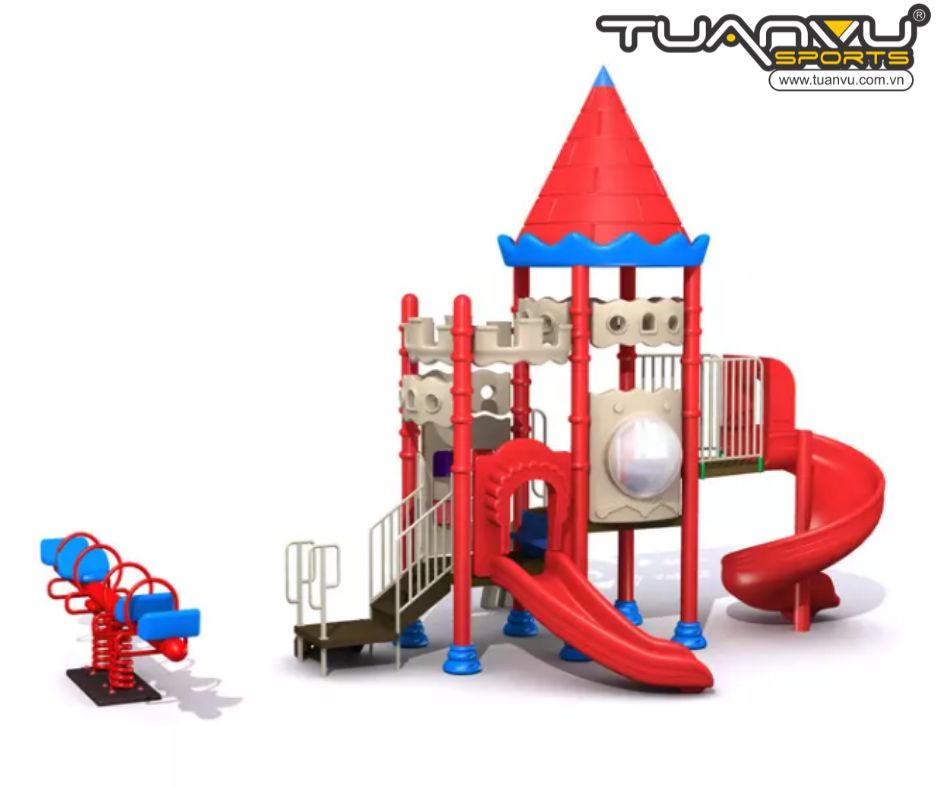 Sân chơi ngoài trời lâu đài đỏ mini 2 tầng