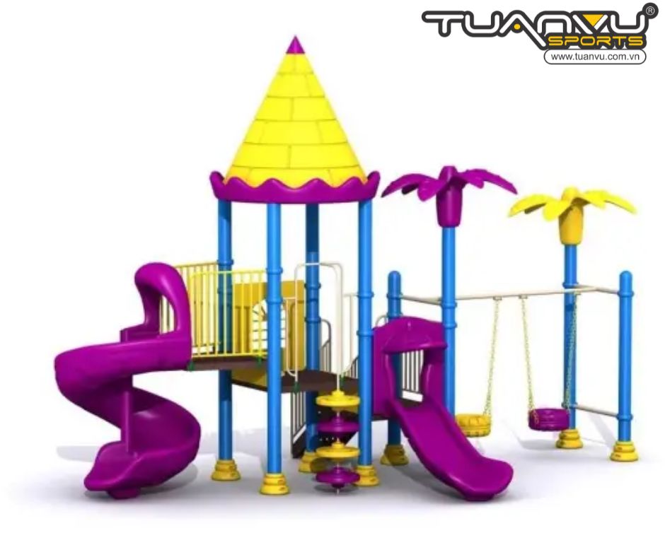 Sân chơi ngoài trời mầm non 2 tầng, lâu đài rừng rậm