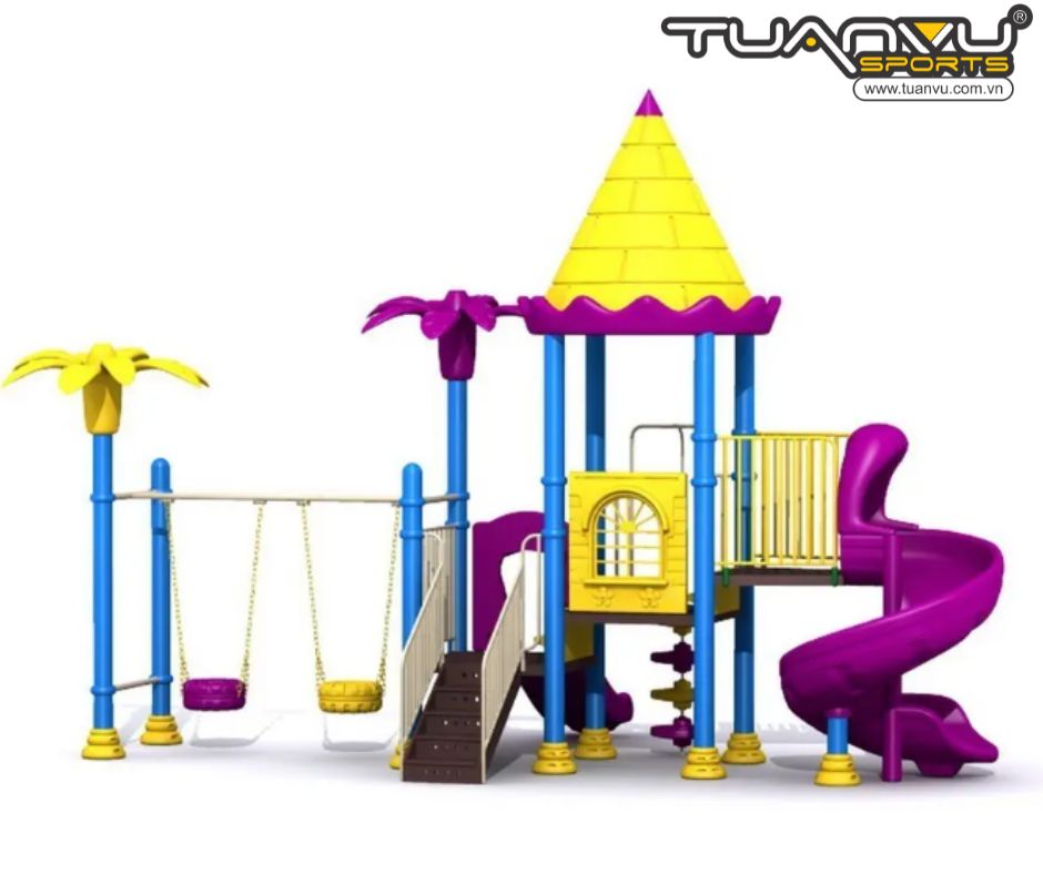 Sân chơi ngoài trời mầm non 2 tầng, lâu đài rừng rậm